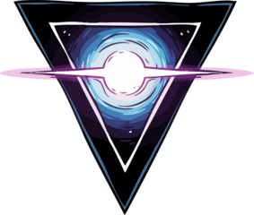 A futuristic triangular symbol with a glowing blue and purple spiral center surrounded by a geometric pattern viewed from directly above