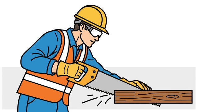 Worker in safety gear using a handsaw to cut a wooden beam precisely