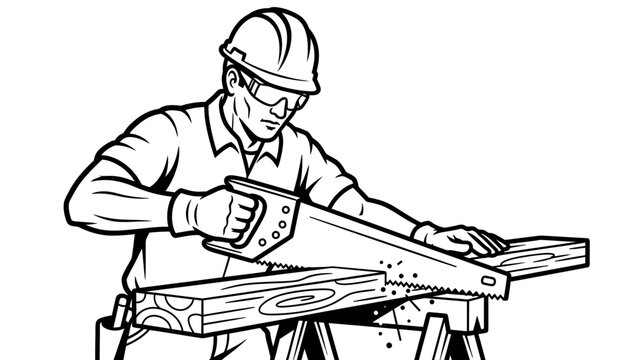 Man in hard hat using handsaw to cut wood on sawhorses carefully outside