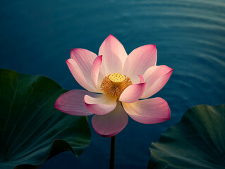 Beautiful pink lotus flower blooming in a tranquil pond with green lily pads. Digital painting with sunlight on soft petals and rippled blue water background. Zen nature art illustration.