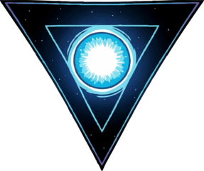 A glowing blue crystal nestled within a triangular frame set against a starry night sky illustration