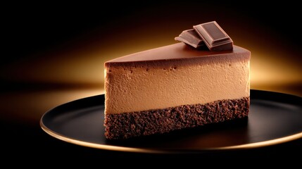 A glossy chocolate cheesecake slice with a rich creamy center, brownie crust, and chocolate pieces on a plate.!!!