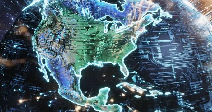 Digital representation of Earth surrounded by cosmic elements and technological patterns