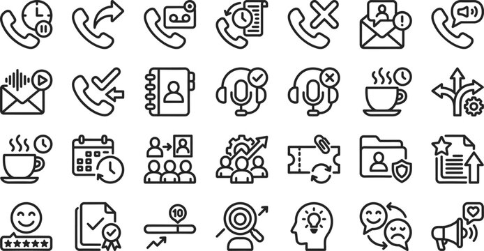 Customer Support Call Center Line Icons Vector Set  &ndash; Helpdesk CRM Ticket Chat Headset Phone Agent Email  Feedback Service Outline Icon Pack UI Web App