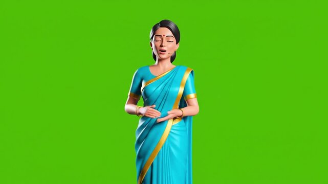A graceful Indian woman, an animated 3D character, smiling beautifully in a traditional blue saree on a green screen background