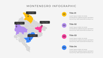 Montenegro map infographic template with 4 options. Montenegro political map infographic for presentation.
