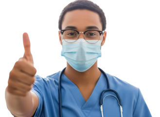 Young male nurse wearing scrubs, glasses, and a protective mask giving a thumbs up to promote safety and trust in healthcare.