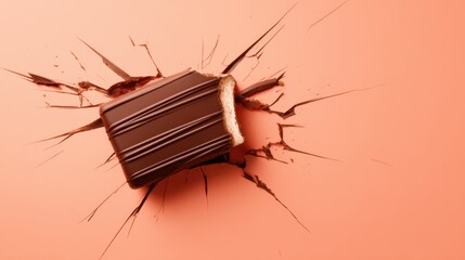 A chocolate square with vertical stripes sits on a peach background breaking through cracks radiating outward