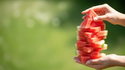 Fresh watermelon slices stacked in hands against a blurred green background, showcasing vibrant colors and juicy textures, perfect for summer refreshment and healthy eating concept
