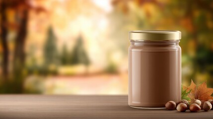 A wooden tabletop supports a jar of brown spread, with autumn leaves and hazelnuts nearby under soft sunlight