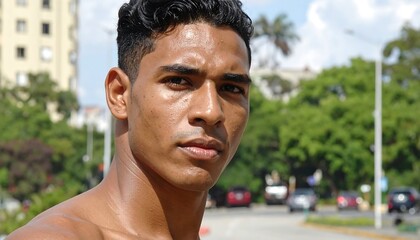 A close-up shot of a dark-skinned, shirtless male looking intensely at the camera on a city street. His expression is serious