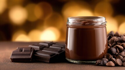 A glass jar of glossy chocolate spread sits beside dark chocolate pieces and coffee beans on a wooden surface