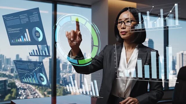 Businesswoman interacts with futuristic holographic analytics board.