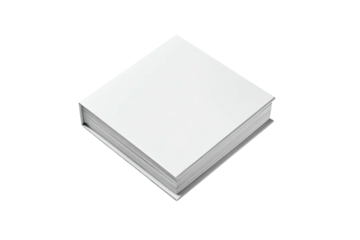 Isometric view of a closed, square, blank, white book with visible pages