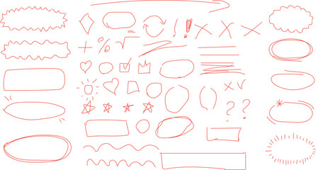 set of hand-drawn doodle elements in a red, marker-like style. These vector elements are often used as design assets for emphasis or decoration.  © Afshan
