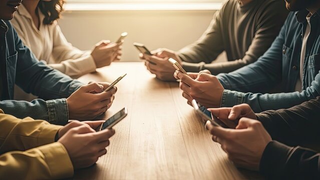 Group of diverse people engrossed in their smartphones, ignoring each other at a table.