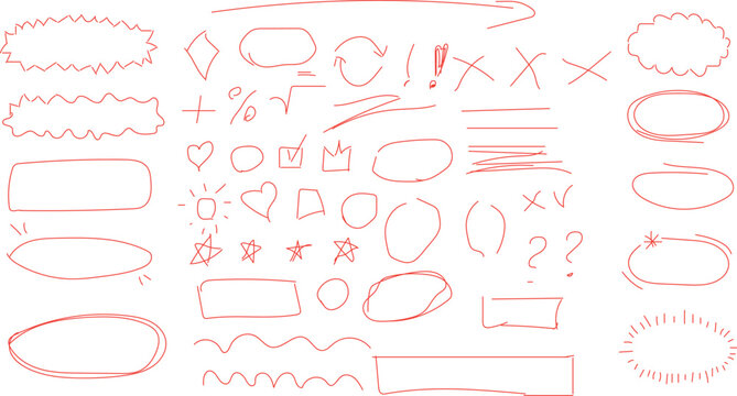 set of hand-drawn doodle elements in a red, marker-like style. These vector elements are often used as design assets for emphasis or decoration. 