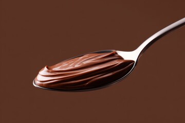 Close-up of a polished spoon holding glossy melted chocolate against a warm brown background with gentle light