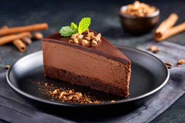 A rich chocolate mousse cake slice on a black plate, topped with walnuts, mint leaf, and cinnamon sticks. tasty!