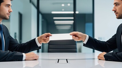 Two businessmen exchanging business cards across a conference table in a modern office setting, symbolizing professional networking and collaboration.