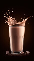 Tall glass of milk with a dramatic splash against a dark background; chocolate cubes rest nearby. Velvet glow