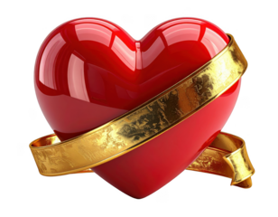3D glossy red heart with a gold ribbon wrapped around it, white background