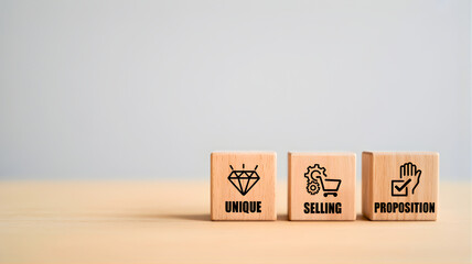 Unique Selling Proposition Explained Wooden Blocks with Icons Symbolize Core Business Strategy for Market Differentiation and Competitive Advantage