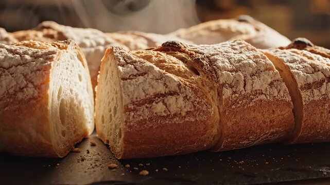 Crusty baguette bread segments dusted with flour displayed on a dark tray, hinting at warmth and freshness.