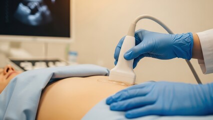 Pregnant woman undergoing ultrasound examination in a medical setting, with healthcare professional using ultrasound device to monitor fetal development and health