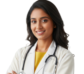 Indian female doctor standing confidently in uniform and stethoscope