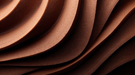 Close-up of rust-brown layered curves forming abstract waves with soft shadows and granular texture dreamlike