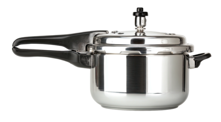 Stainless steel pressure cooker with black handles against a black background