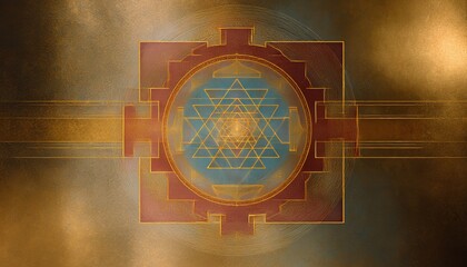 Golden Sri Yantra Sacred Geometry Mandala With Glittering Particles And Concentric Circles Abstract Background