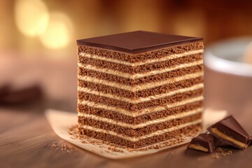 A glossy layered chocolate cake sits on a wooden board with warm bokeh lighting and scattered chocolate