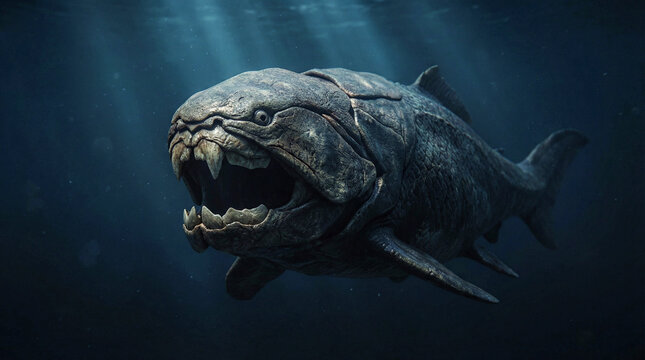 Realistic Dunkleosteus Prehistoric Armored Fish in Deep Ocean, Scientific Paleo Art Illustration