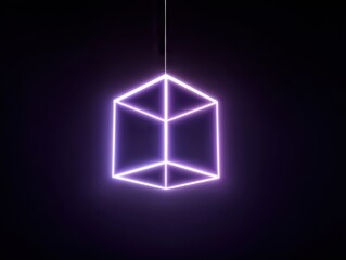 Hanging Neon Cube Geometric Shape with Purple Glow Against Dark Background with Soft Light