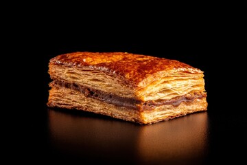 Glossy, layered pastry square on a dark reflective surface, showing crisp sheets and creamy filling on a stage