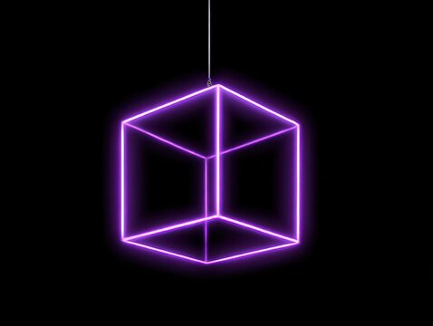 Hanging Purple Neon Wireframe Cube Against Black Background Abstract Geometric Shape - Powered by Adobe