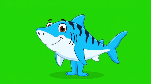 A cheerful blue cartoon shark character stands smiling widely on a vibrant green background, looking happy.