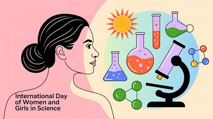 International Day of Women and Girls in Science illustration with female scientist and lab equipment