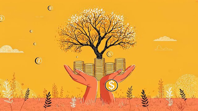 Hands nurturing a golden tree amidst coins, symbolizing wealth growth in a vibrant autumn landscape