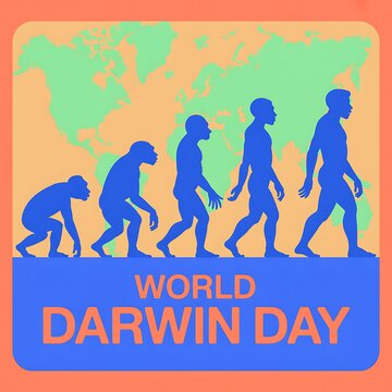 World Darwin Day concept showing human evolution silhouette steps over a world map background