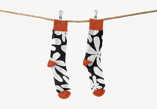 Stylish Floral Socks Mockup Hanging PSD