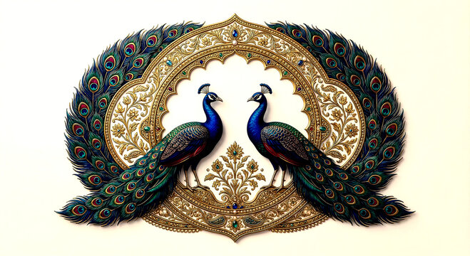 Ornate peacock with intricate gold and green feathers framed in detailed floral patterns isolated on a transparent background