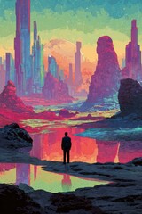 Fototapeta premium Lone Figure Gazes At Futuristic Cityscape Under A Vibrant Pixelated Sunset Sky