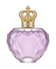 Pink heart perfume bottle with gold crown cap isolated. Luxury fragrance.