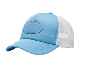 Light blue trucker hat with mesh back isolated. Retro summer headwear.
