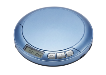 Blue metallic portable CD player isolated. Vintage music technology device.