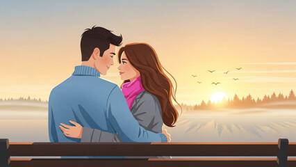 Couple embracing on a bench at sunrise enjoying a serene winter morning with misty landscape and birds flying romantic concept illustration