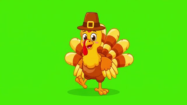 A cheerful cartoon turkey wearing a pilgrim hat stands confidently on a vibrant green background.